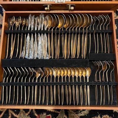 142 Pc. Vintage MCM VU Brass Flatware Set In Original Wood Box