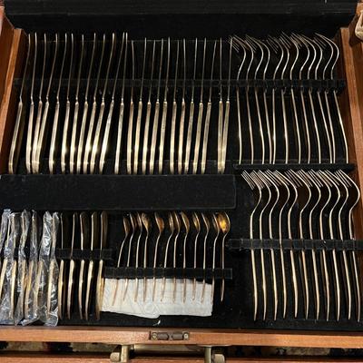 142 Pc. Vintage MCM VU Brass Flatware Set In Original Wood Box