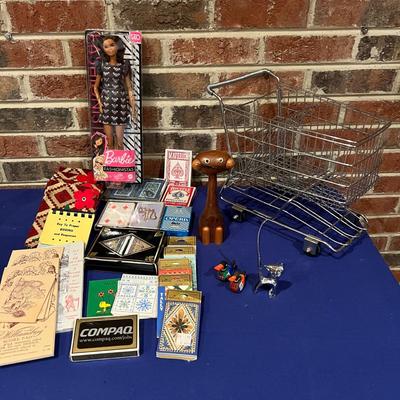 Various Toy Items - Barbie, MCM Figurine, Vintage Playing Cards, Mini Supermarket Carriage