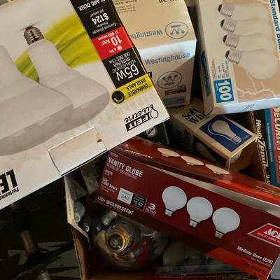 Box of different size lightbulbs includes motion sensor, security lights