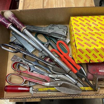 Box of misc. hand tools - hammer stapler/cutting sheers & more