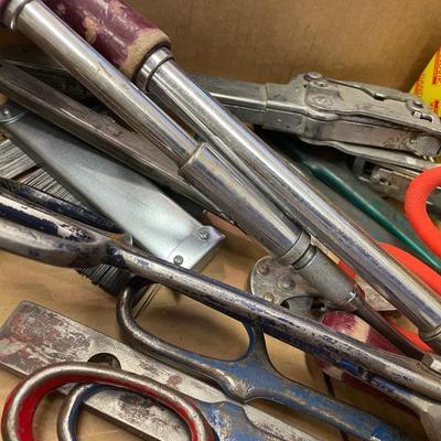 Box of misc. hand tools - hammer stapler/cutting sheers & more
