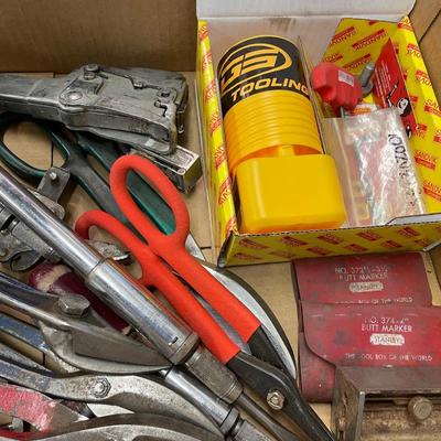 Box of misc. hand tools - hammer stapler/cutting sheers & more