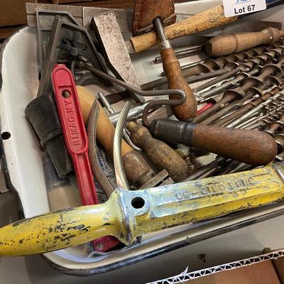 Tray of misc. drill bits & vintage tools