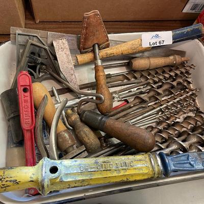 Tray of misc. drill bits & vintage tools