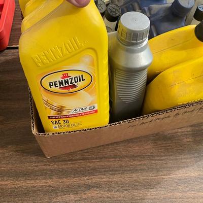 Box of 21 bottles of Oil & Auto Fluids / Lug Nut Tools