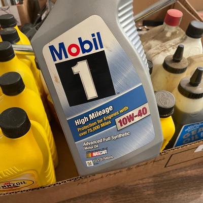 Box of 21 bottles of Oil & Auto Fluids / Lug Nut Tools