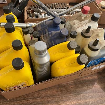 Box of 21 bottles of Oil & Auto Fluids / Lug Nut Tools