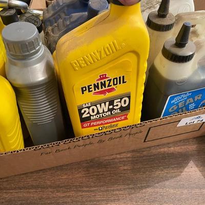 Box of 21 bottles of Oil & Auto Fluids / Lug Nut Tools