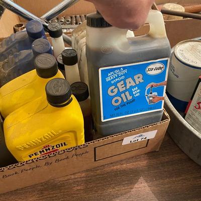 Box of 21 bottles of Oil & Auto Fluids / Lug Nut Tools