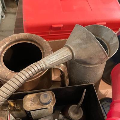 Box of Funnels 2 old vintage metal ones/Oil Spouts & Fluids