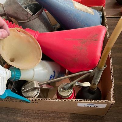 Box of Funnels 2 old vintage metal ones/Oil Spouts & Fluids