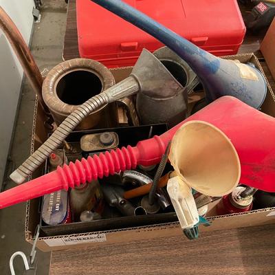 Box of Funnels 2 old vintage metal ones/Oil Spouts & Fluids