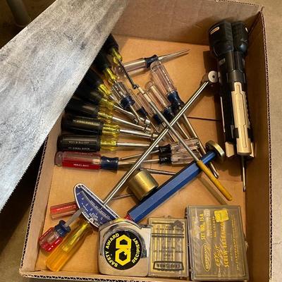 Box of misc. hand tools - about 20 Screwdrivers/Saw/Flashlight
