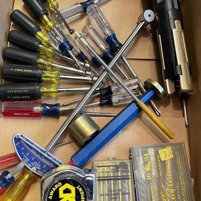 Box of misc. hand tools - about 20 Screwdrivers/Saw/Flashlight
