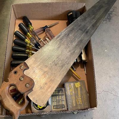 Box of misc. hand tools - about 20 Screwdrivers/Saw/Flashlight