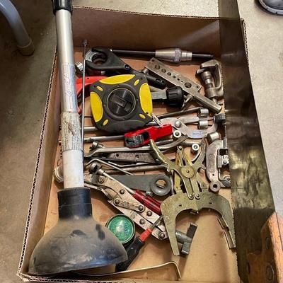 Box of 20 Plus misc. hand tools - pipe cutters/tape, Etc.