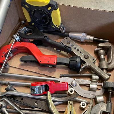 Box of 20 Plus misc. hand tools - pipe cutters/tape, Etc.