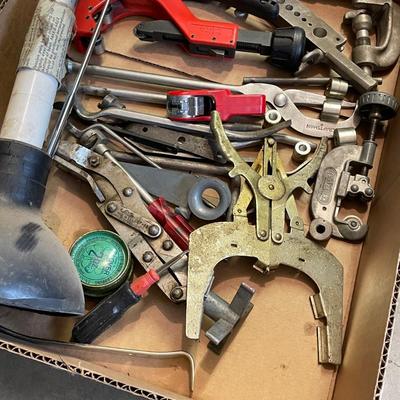 Box of 20 Plus misc. hand tools - pipe cutters/tape, Etc.