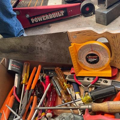 Box of misc. hand tools-pliers/hand saw/flex flashlight/level/tin snips & more