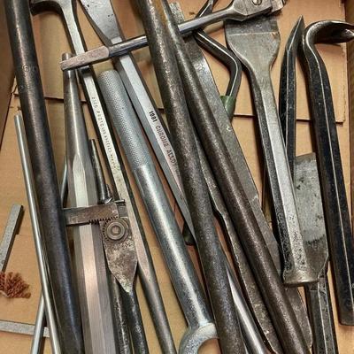 Box of various pry bars & chisels - about 18 total tools included