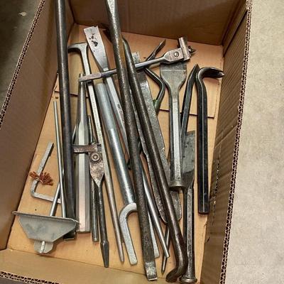 Box of various pry bars & chisels - about 18 total tools included