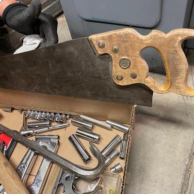 Box of Tools / Sockets / Saw/ Work Apron / Hammer