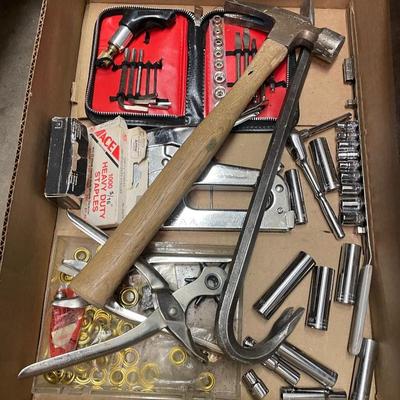 Box of Tools / Sockets / Saw/ Work Apron / Hammer