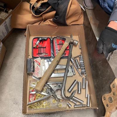 Box of Tools / Sockets / Saw/ Work Apron / Hammer