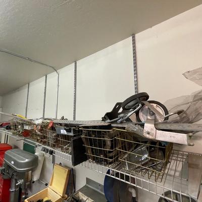 Shelf lot of scrap metal/fittings/clamps/steel/copper/wheels & metal wire baskets