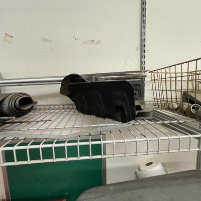 Shelf lot of scrap metal/fittings/clamps/steel/copper/wheels & metal wire baskets