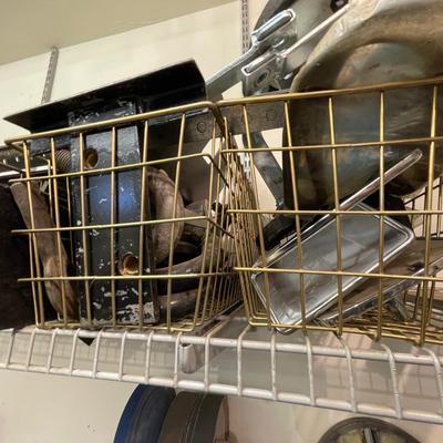 Shelf lot of scrap metal/fittings/clamps/steel/copper/wheels & metal wire baskets