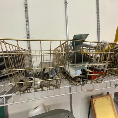 Shelf lot of scrap metal/fittings/clamps/steel/copper/wheels & metal wire baskets