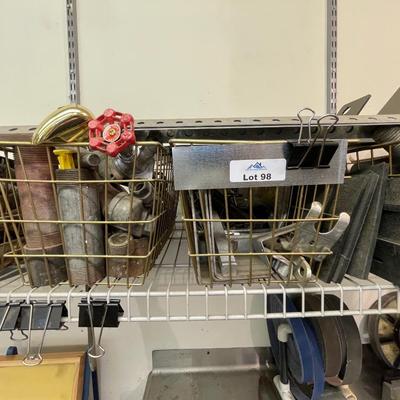 Shelf lot of scrap metal/fittings/clamps/steel/copper/wheels & metal wire baskets