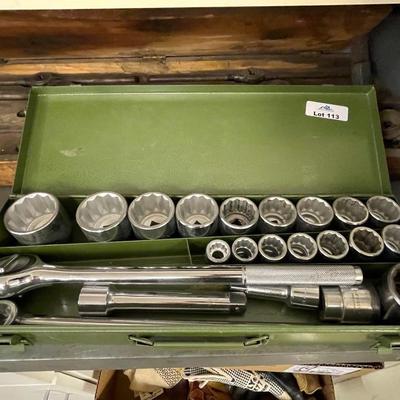 Green Metal Box w/Massive Socket Wrench & Large Diameter Sockets