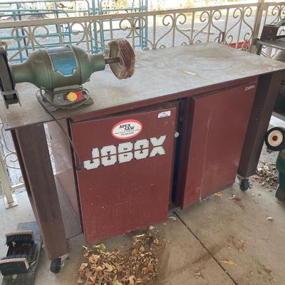 Rolling JoBox Metal Storage Box & Table w/8" Electric Bench grinder on top - Works