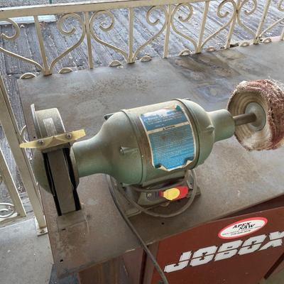 Rolling JoBox Metal Storage Box & Table w/8" Electric Bench grinder on top - Works