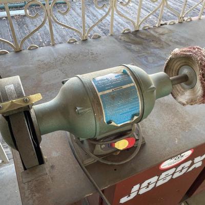 Rolling JoBox Metal Storage Box & Table w/8" Electric Bench grinder on top - Works