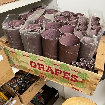 Wood Grape Crate of sanding paper rolls/tubes