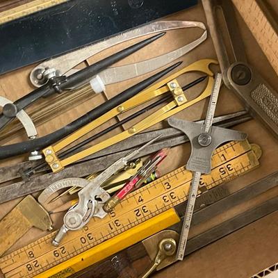 Box of about 18 Small Measuring Tools/Calipers/T-square