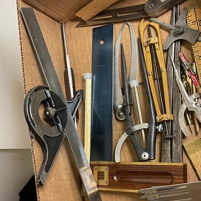 Box of about 18 Small Measuring Tools/Calipers/T-square