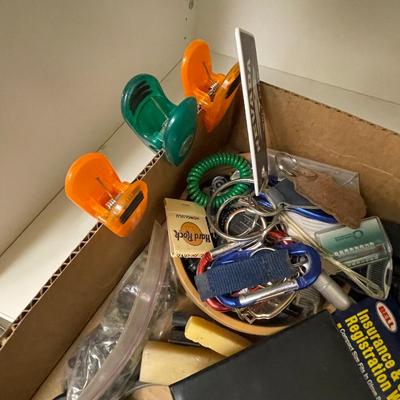 Box of Misc. drawer items/keychains/clips/insurance holder/scissors/tape measure
