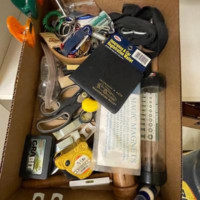 Box of Misc. drawer items/keychains/clips/insurance holder/scissors/tape measure