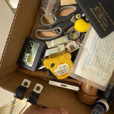 Box of Misc. drawer items/keychains/clips/insurance holder/scissors/tape measure