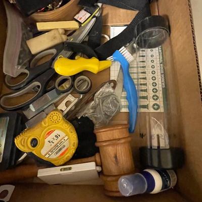 Box of Misc. drawer items/keychains/clips/insurance holder/scissors/tape measure