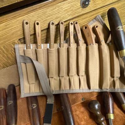 Box of Chisels & Wood working tools with Pouches shown