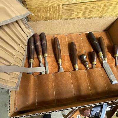 Box of Chisels & Wood working tools with Pouches shown