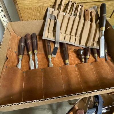 Box of Chisels & Wood working tools with Pouches shown