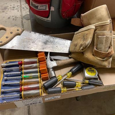 Box of Misc. Tools - Hand Saw/Tool Belt/Hammer/Screwdrivers/Nut Drivers/Tape