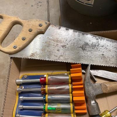 Box of Misc. Tools - Hand Saw/Tool Belt/Hammer/Screwdrivers/Nut Drivers/Tape